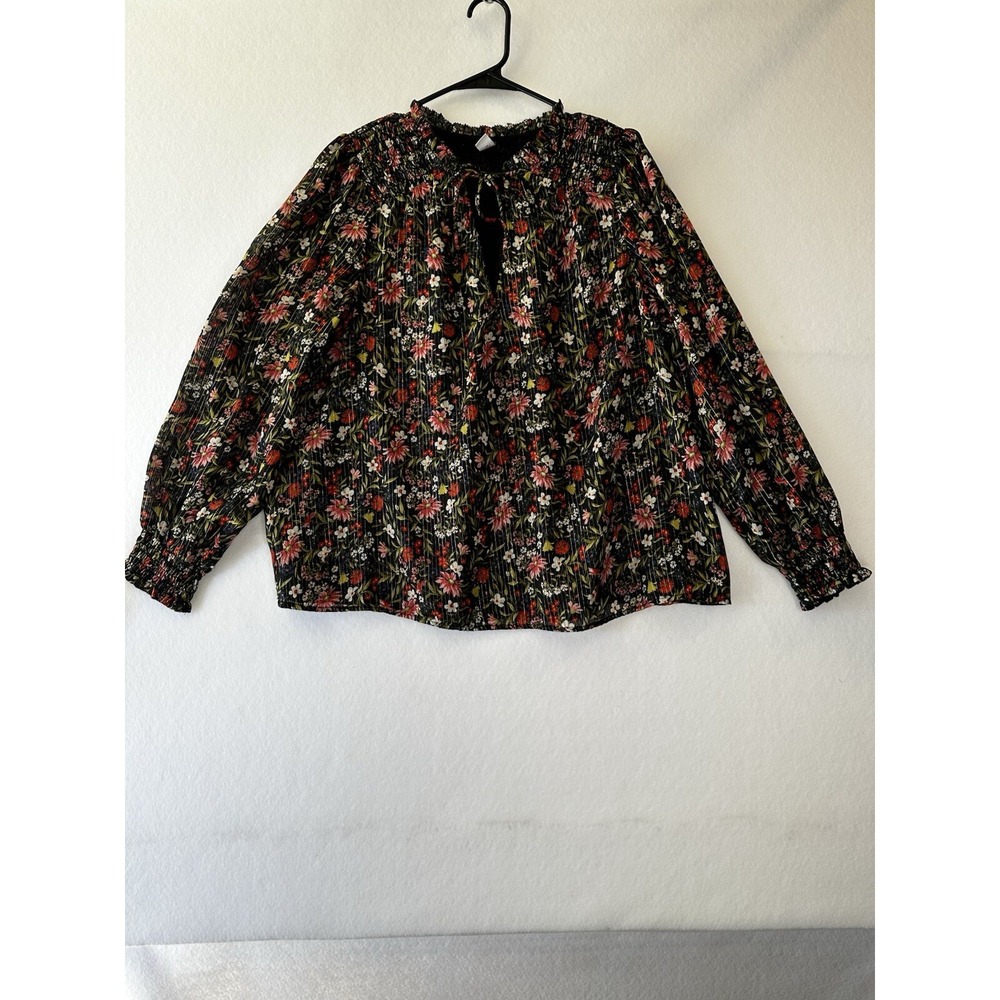 Old Navy Black Floral Print Sheer Long Sleeve Smocked Neck Tie Blouse‎ Top L